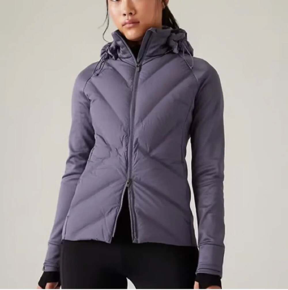 Athleta Inlet Down Puffer Jacket XL Nightfall Purple Zip Insulated Hood Puffy